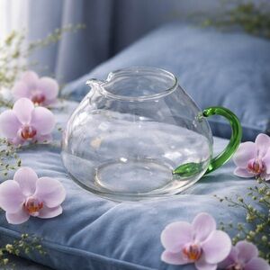 ❤️SOLD Vintage Blenko Art Glass Clear Squat Jug Pitcher Green Handle